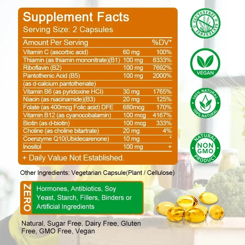 Vitaminas B que incluyen B12, B1, B2, B3, B5, B6, B7, B9, Ácido Folico - Suplemento de vitamina B Apoya el metabolismo de energía saludable