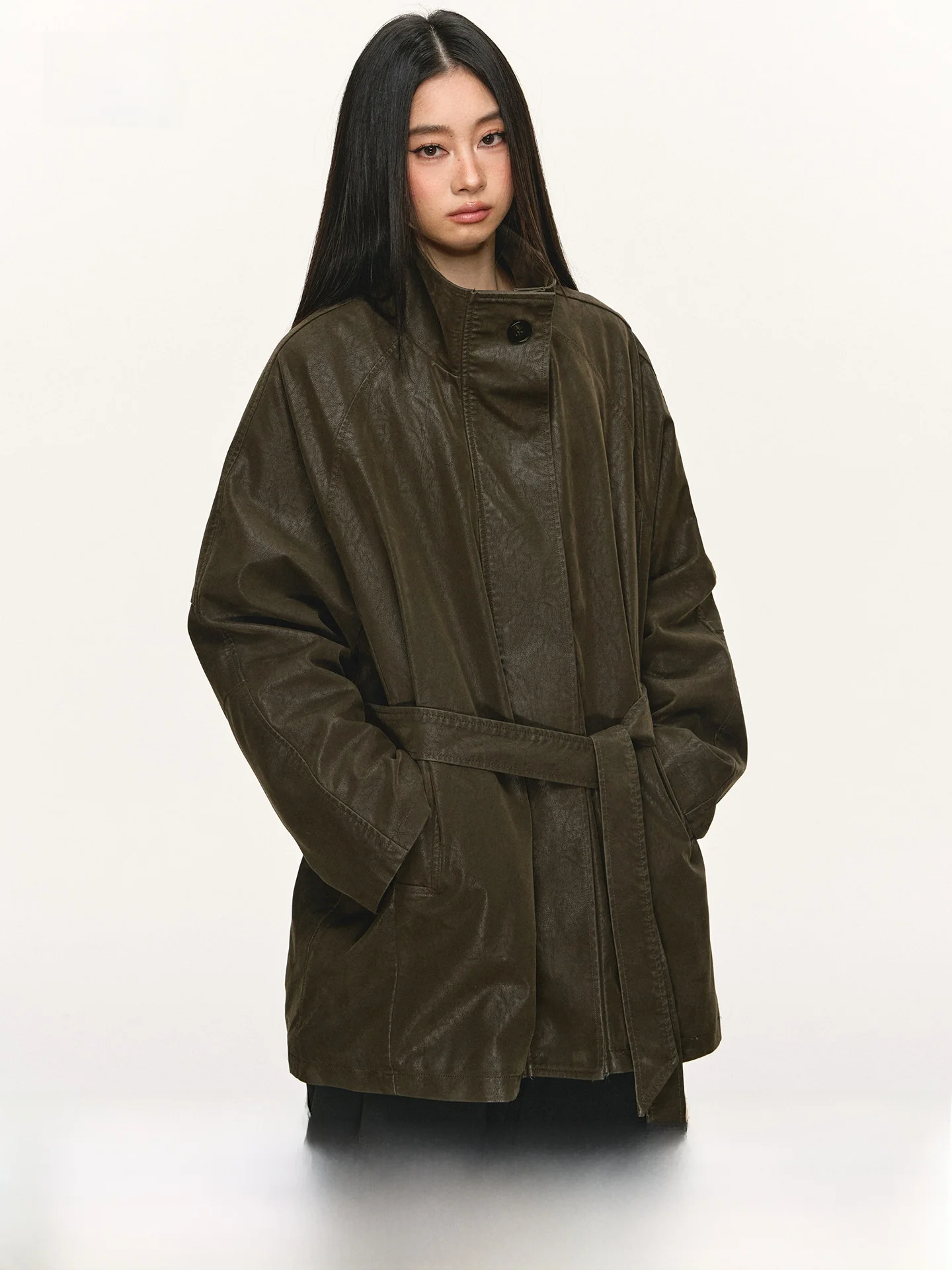 

Женская кожаная куртка Anna Aneae с гусиным пухом, винтажная, зеленая, длинная, теплая, с воротником-стойкой, на молнии, с поясом, свободного кроя