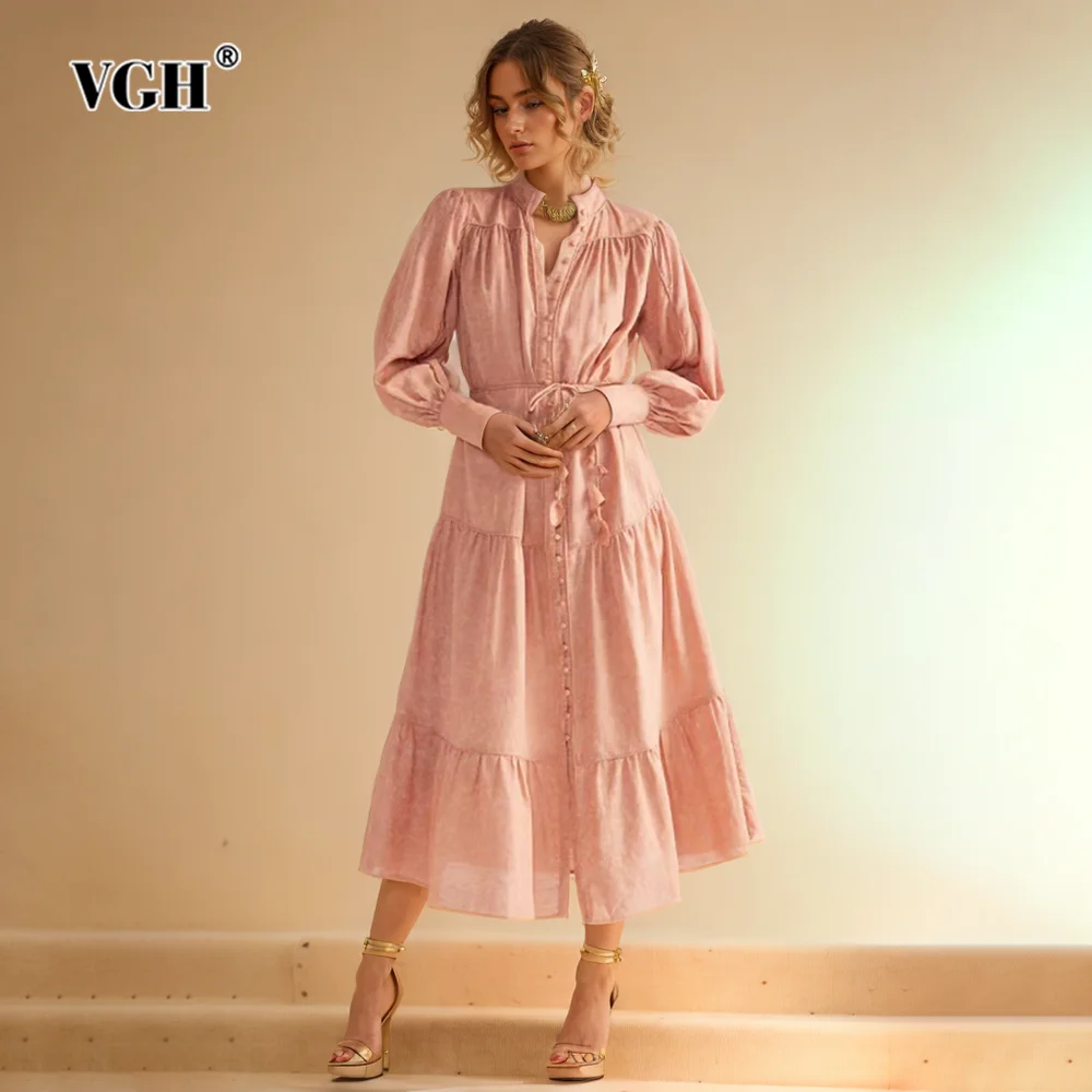 

VGH Soild Patchwork Button Casual Minimalist Dresses For Women Stand Collar Long Sleeve Spliced Lace Up Loose Dress Female New