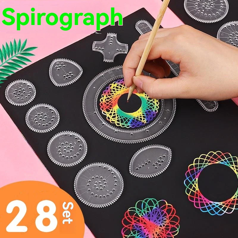 28pcs Wanhua Ruler Set Learning Painting Puzzle Toys Geometric Ruler Mathematical Roulette Drawing Spirograph Art Tool