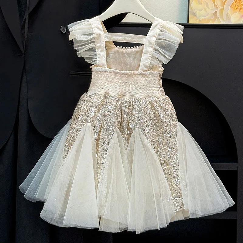 ملابس أطفال بناتي مطرزة بأكمام طائرة فساتين حفلات صيفية جديدة للفتيات سترة شبكية أنيقة فستان الأميرة للحفلات المسائية