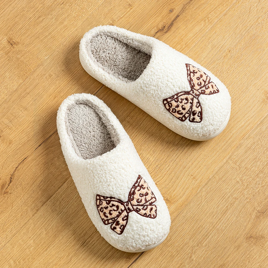 Women's Bow Slippers Warm Pattern Winter Indoor Soft Sole Home Cute Classic Embroidered Comfy casual Fuzzy Bedroom Girls Shoes image 2