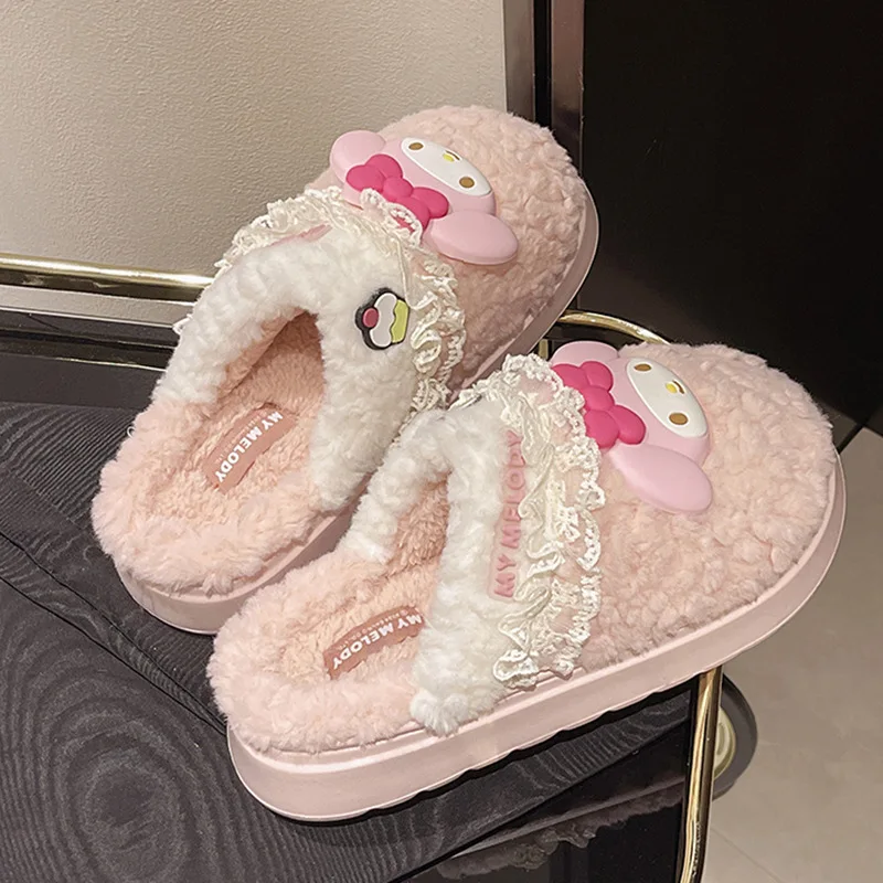 2024 Cotton Slippers Cartoon Melody Hello Kitty Kuromi Cotton Slippers New Women's Winter Warm Cotton Non slip Slippers