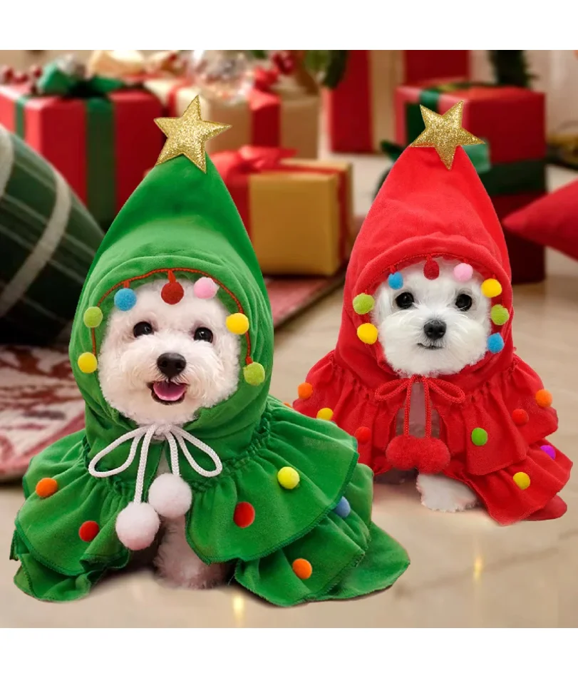 

Merry Christmas Pet Clothes Dog Cloak Pet Cape And Shawl Puppy Cosplay Santa Tree Costume Happy Festival Coat Supplies Wholesale