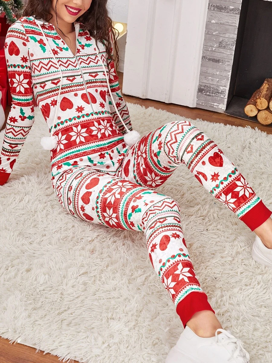 2023 Christmas Outfits Women\'s Long Pajama Romper Long Sleeve Drawstring Heart Star Print Jumpsuit Pajama Lounge Nigntwear