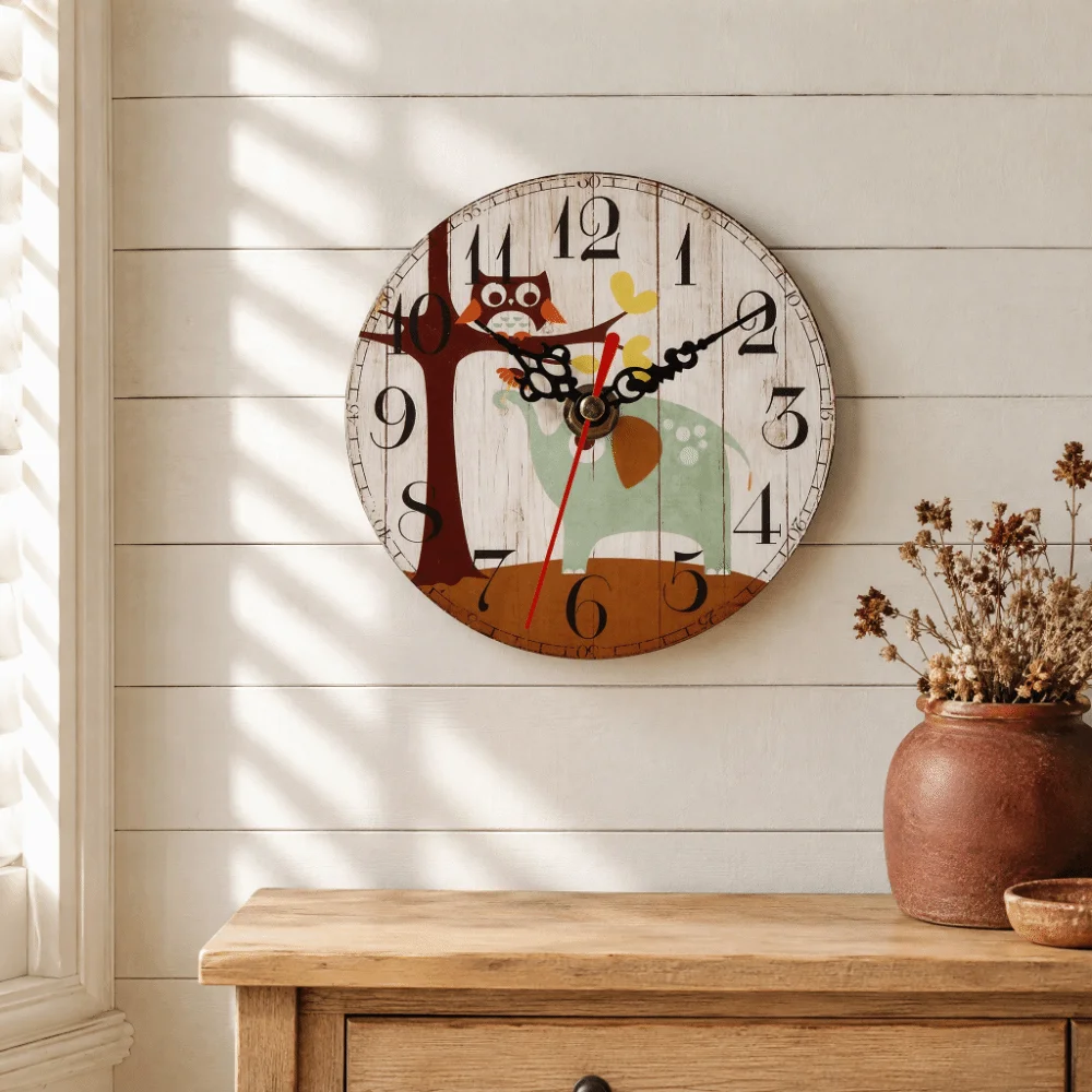 12CM 4.7 Inch Wooden Wall Clock Silent Movement Non-Ticking Round Wall Clock Vintage Pattern Antique Wall Clock Bar Decoration