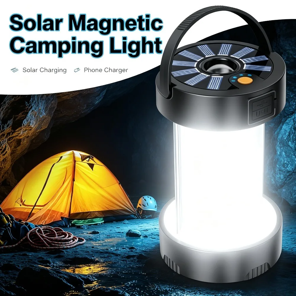 Outdoor Camping Gear Flashlight LED Solar Magnetic Tent Torch USB Rechargeable Multifunctional Lantern for Field Emergency Use