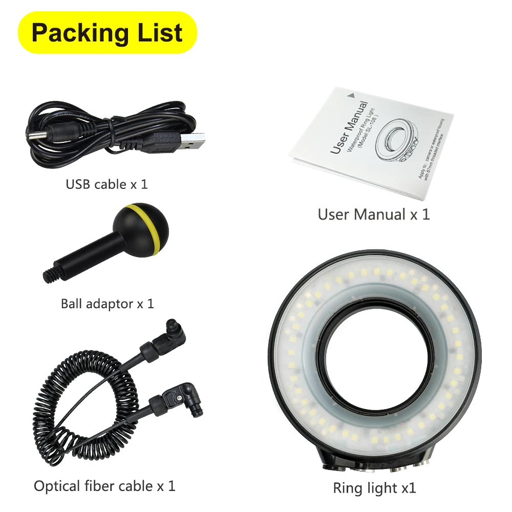 Flash Ad Anello LED SL-108 Per Subacquea – M67 Mm, Impermeabile 40m, 1200LM, Con Luci Bianca/Rossa/Gialla