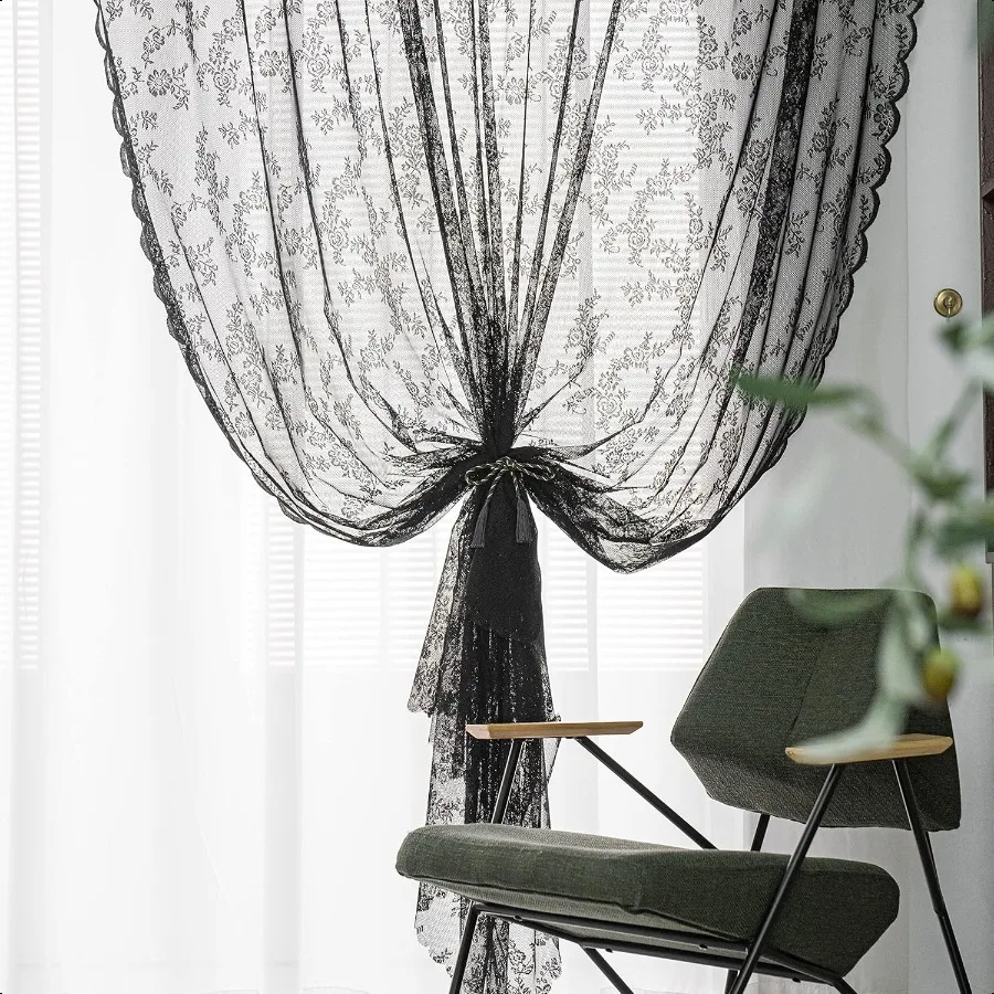 Rideaux en dentelle noire, 84 pouces de Long, ensemble de 2 panneaux transparents, gothique, rétro, fleurs, Voile, traitement de fenêtre, pour chambre à coucher, salon