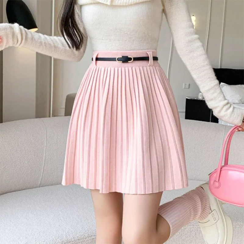 Autumn Winter Knitted Pleated Skirts Women Elegant Korean Fashion High Waist A-line Skirts Ladies Streetwear Gray Mini Skirt