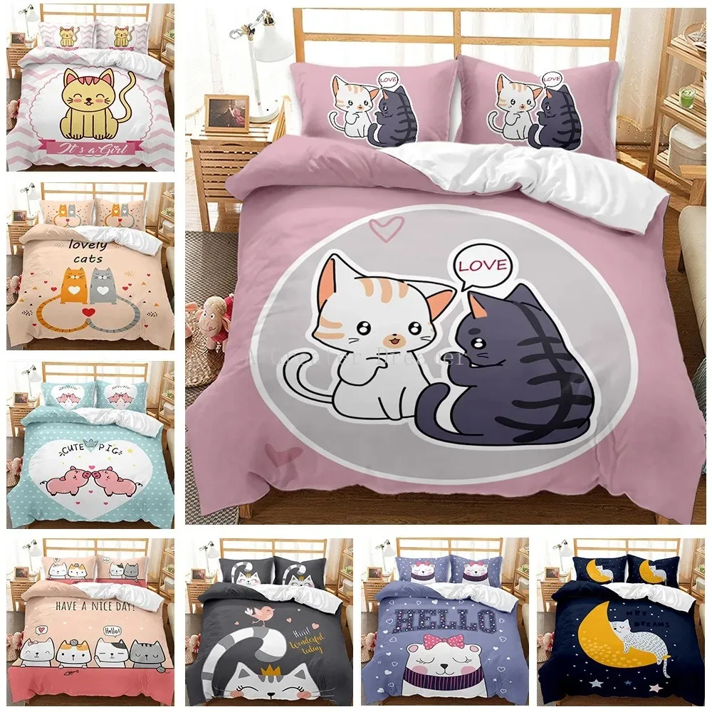 

Cat Bedding Set Fashion Pig Cartoons Flat Adult Children Bed Linen Cute Duvet Quilt Cover Pillowcase Kawaii Boys Girl