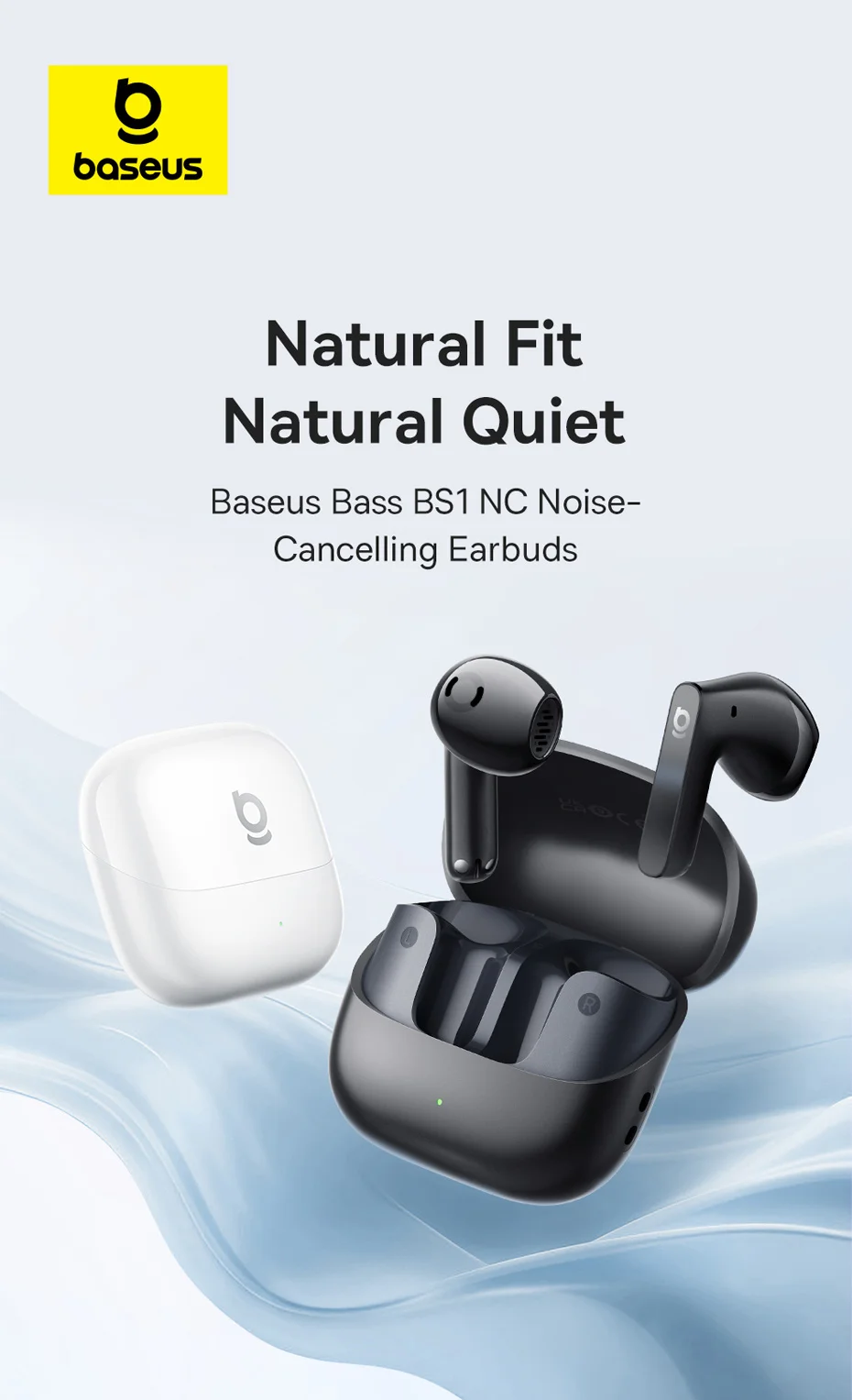 Baseus Bass BS1 NC -40 dB Echtzeit-Adaptive ANC Wireless Earbuds Bluetooth 6.0 Semi-Open-Kopfhörer LDAC Hi-Res Audio 6-Mic AI ENC – Detail 1
