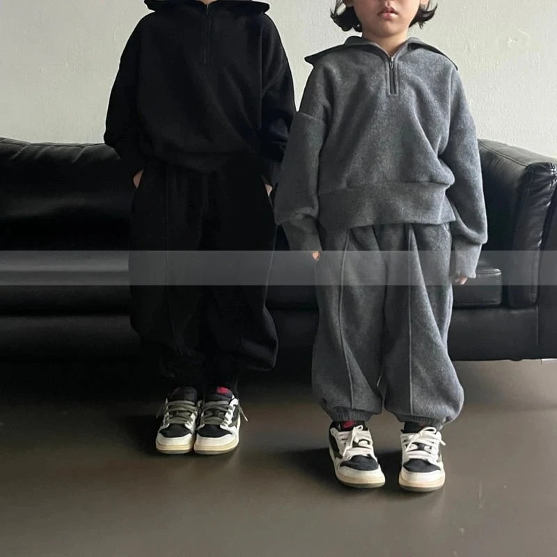 

2025 Kids Korean Fashionable Fleece Set Turn-down Collar Hoodie & Jogger Pants Girls Boys Sporty Daily 2-Piece Outfit