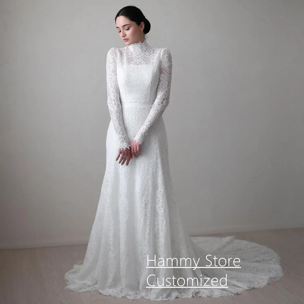 

Arabian Wedding Dress Customized High Neck Long Sleeves Exquisite Lace Mermaid Bridal Gown Court Train Arab Bride Dresses