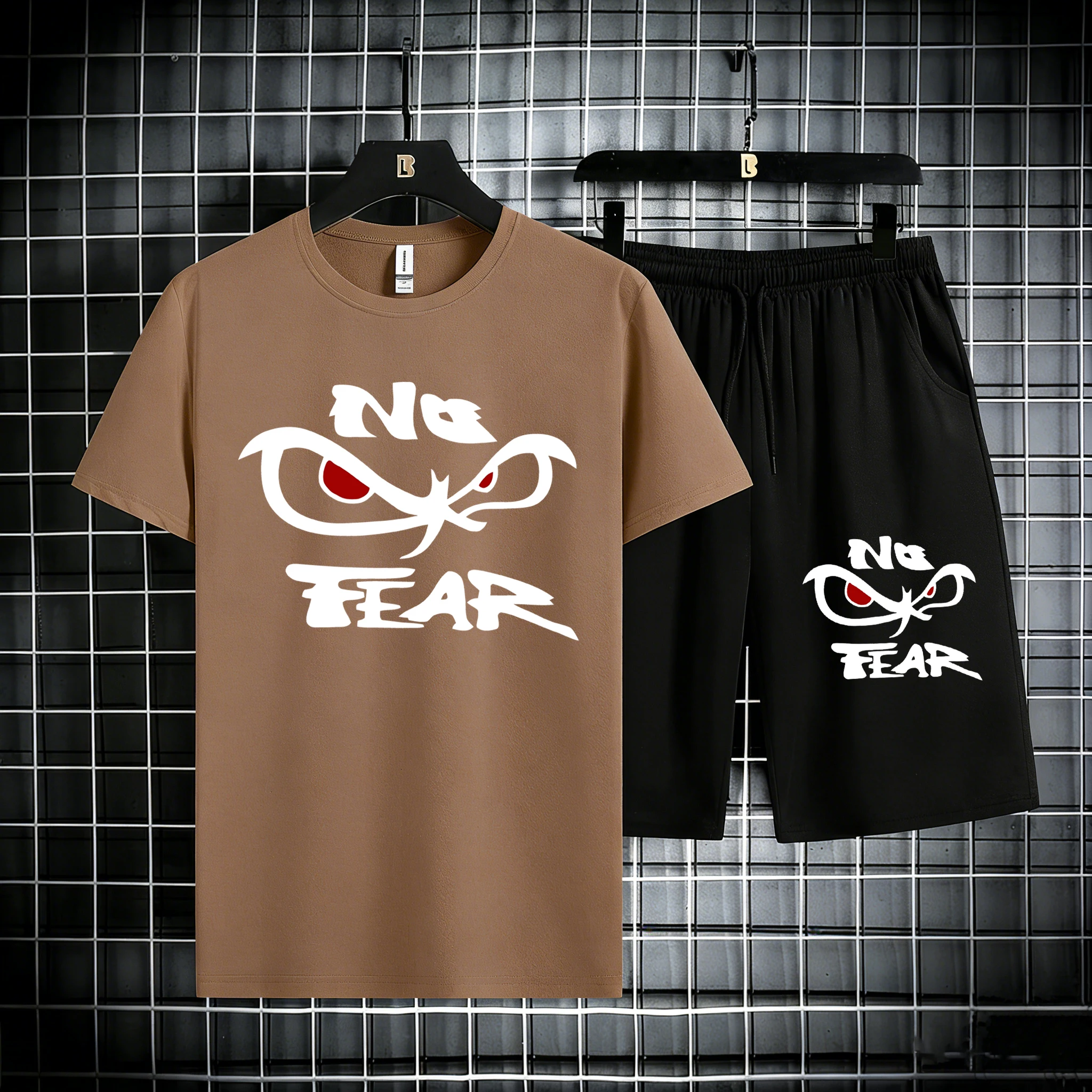 

No Fear Determined Gaze Prints Man Cotton Summer Sport Tops Sets Beach Drawstring Street Pants Running Breathable Short Sleeve