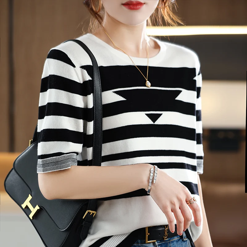 Women\'s T-shirt Spring/Summer 100% Cotton Knitwear Casual Striped Pullover Short Sleeve Round Neck Tees Loose Blouse