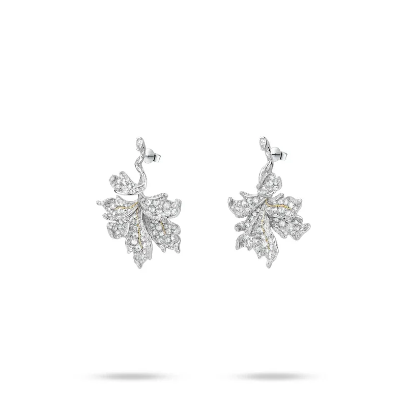Bellux Heavy Craftsmanship 925 Silver Synthetic Zircon Earrings White Shining Full Diamond Maple Leaf Luxury Fashion Earrings