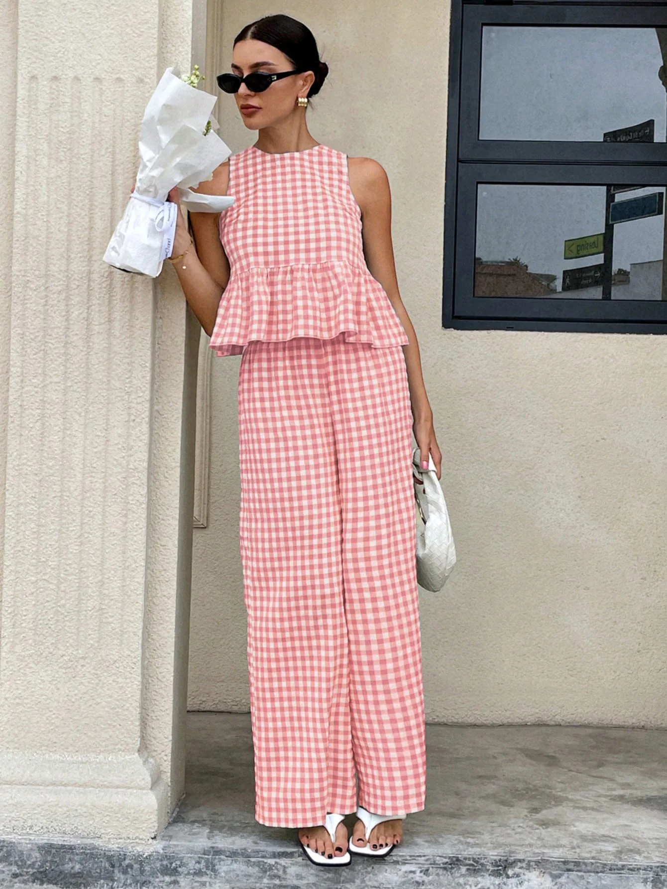 Fashion Lattice Casual Round Neck Sleeveless RuffleTop 2piece Set Women Summer New Waist-hugging Ladies Straight Trousers Sets