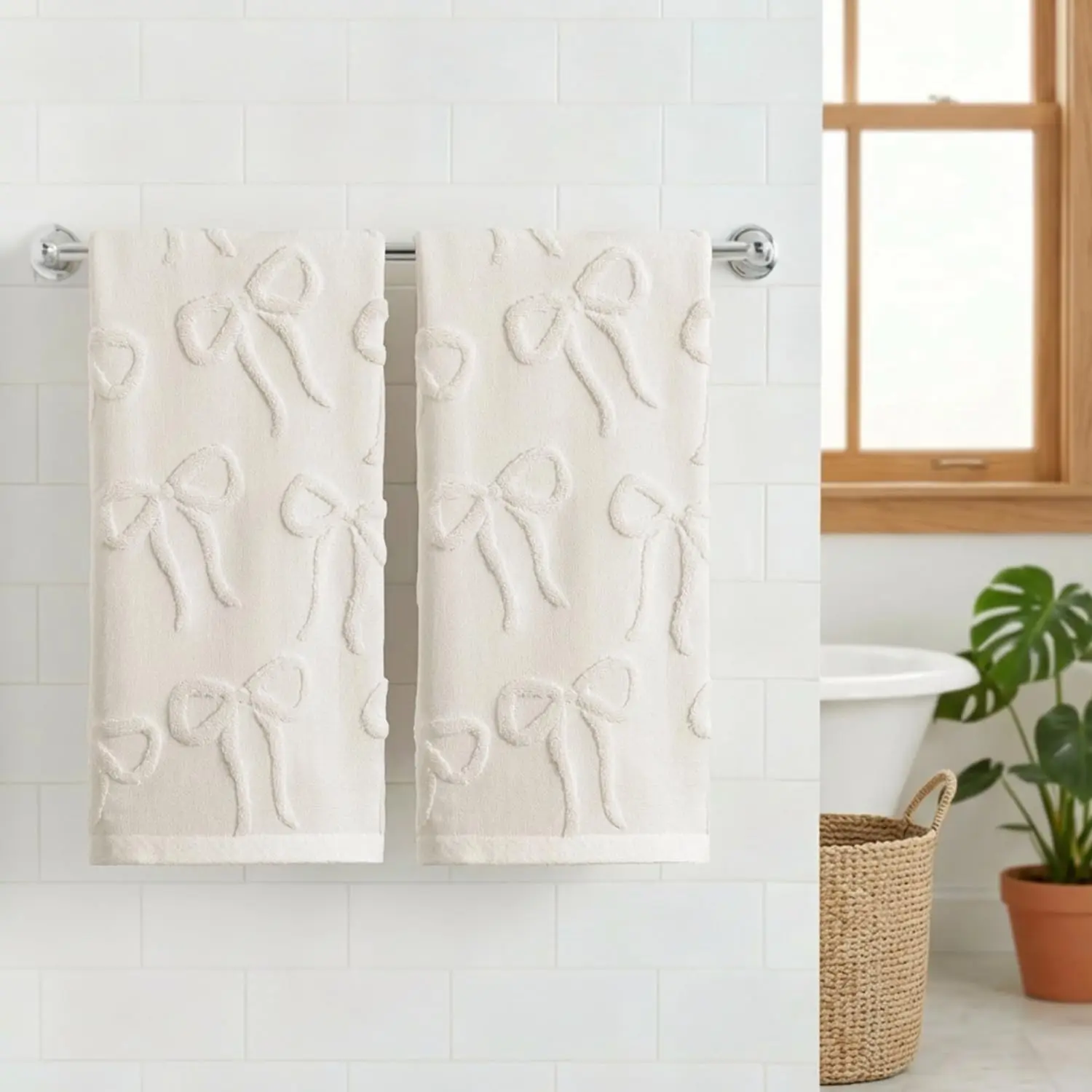 Artoid Mode 2 Pcs Beige 3D Bowknot Jacquard Hand Towels for Bathroom, 100% Cotton Absorbent Bathroom Decor Soft Towels, 13.7 x 29.5 Inch