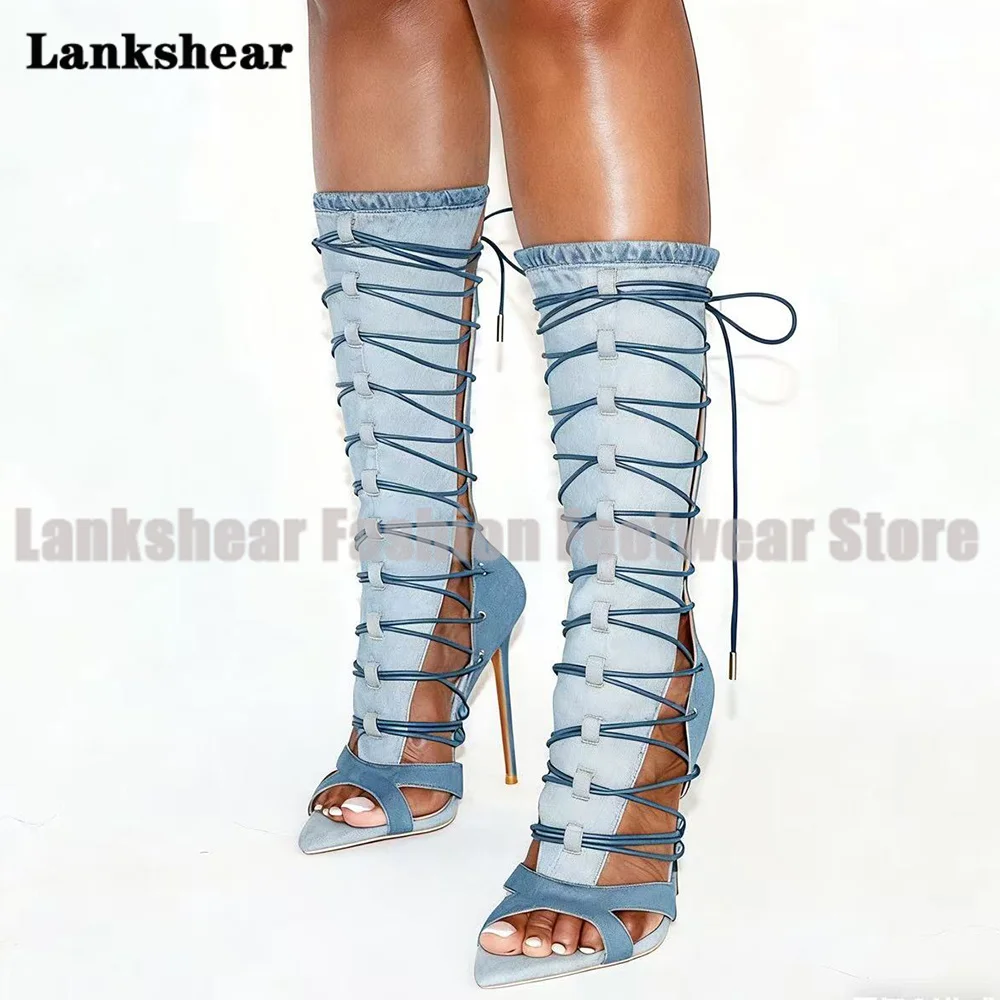 Denim Cross Strap High Heels Sandals Sexy Pointy Toe Back Zipper Party Dress Boot Women Shoes Summer Sandalias De Mujer Verano