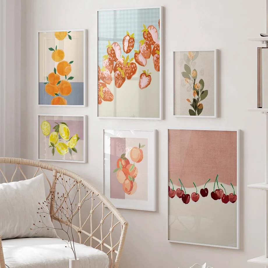 Watercolor Strawberry Cherry Lemon Orange Wall Art Painting  Fruit Posters Vintage Room Bar Cafe Decor Home Decor Canvas Prin