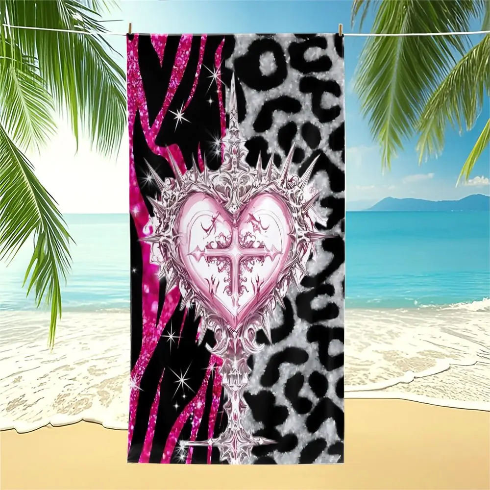 Pink Heart Cross Beach Towel Leopard Print Bath Towel Digital Printed Soft Absorbent Quick Dry Pool Blanket  for Travel Gym Spa