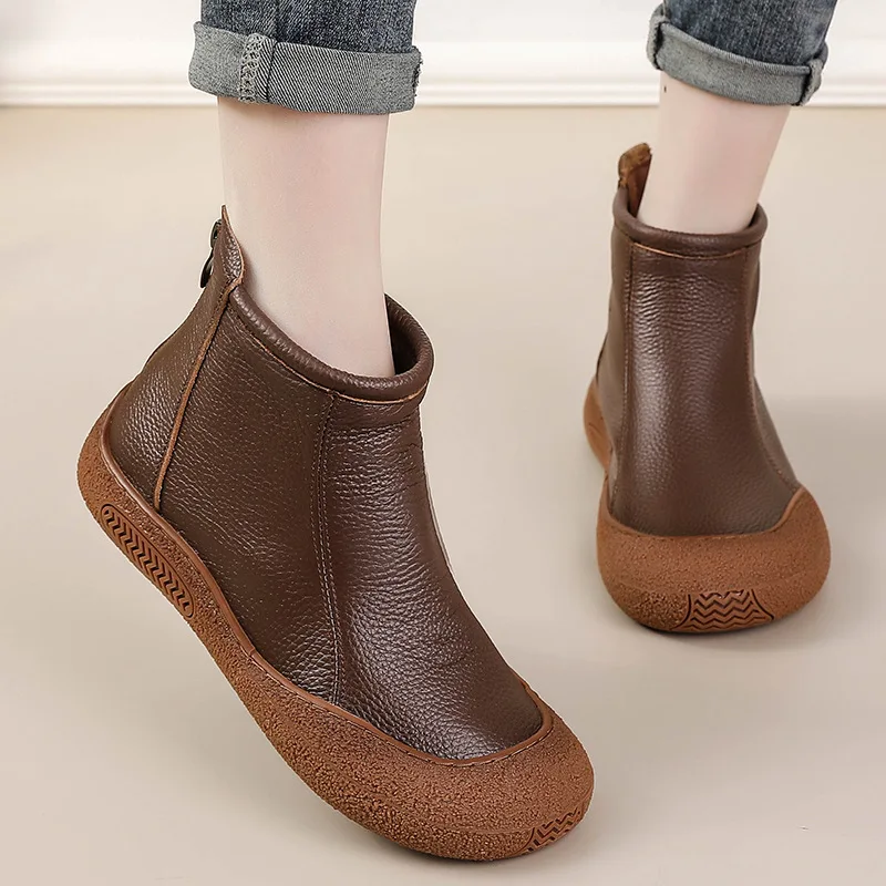 Leather Flats Women Ankle Boots Designer Retro Zipper Shoes 2026 Trend New Brand Soft Oxford Shoes Cozy Winter Botas De Mujer