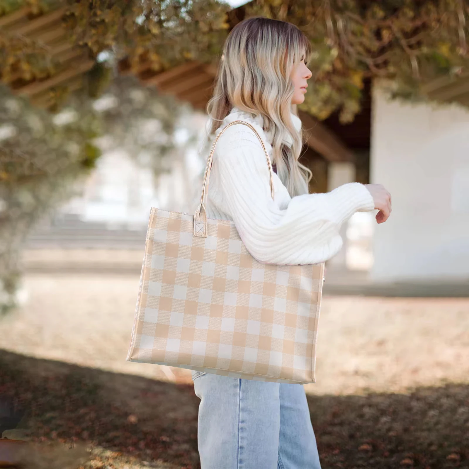 

Beige Plaid Tote Bag Large Capacity Casual Handbag Women Durable Shopping Bag Work Tote Bag With Zipper