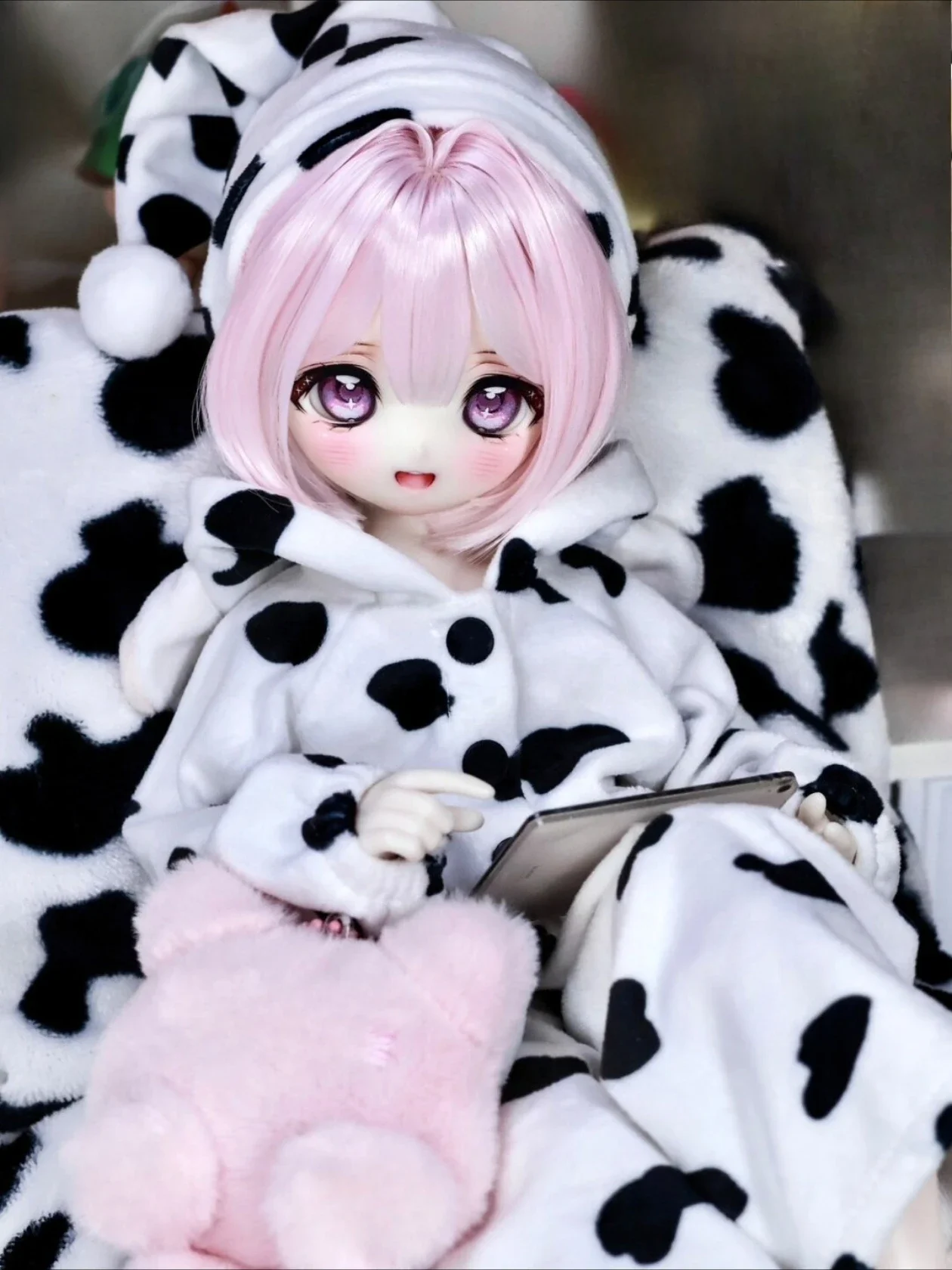 （Customize 30 Days）1/6 1/4 Doll's Clothes for 30/45cm Bjd Doll Cow Pajamas Top Pants Hat Slippers  Girl Doll Accessories