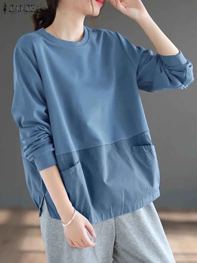 

ZANZEA 2025 Autumn Women Sweatshirts Fashion Patchwork Tops Holiday Long Sleeve Pullover Korean Style Pocket Casual Loose Tunics