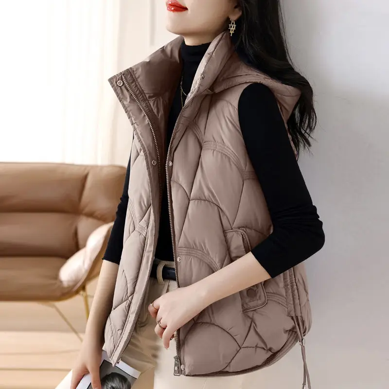 Autumn Winter Women Waistcoat Stand Collar Sleeveless Zipper Hooded Vest Placket Pockets Design Thickened Cotton Vest Coat B575