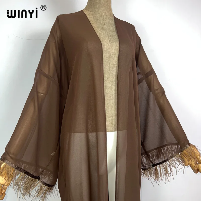 WINYI kimono estate capelli di struzzo boho caftani per donna Cover-up elegante Cardigan sexy maxi beach costume da bagno abito da sera da sera