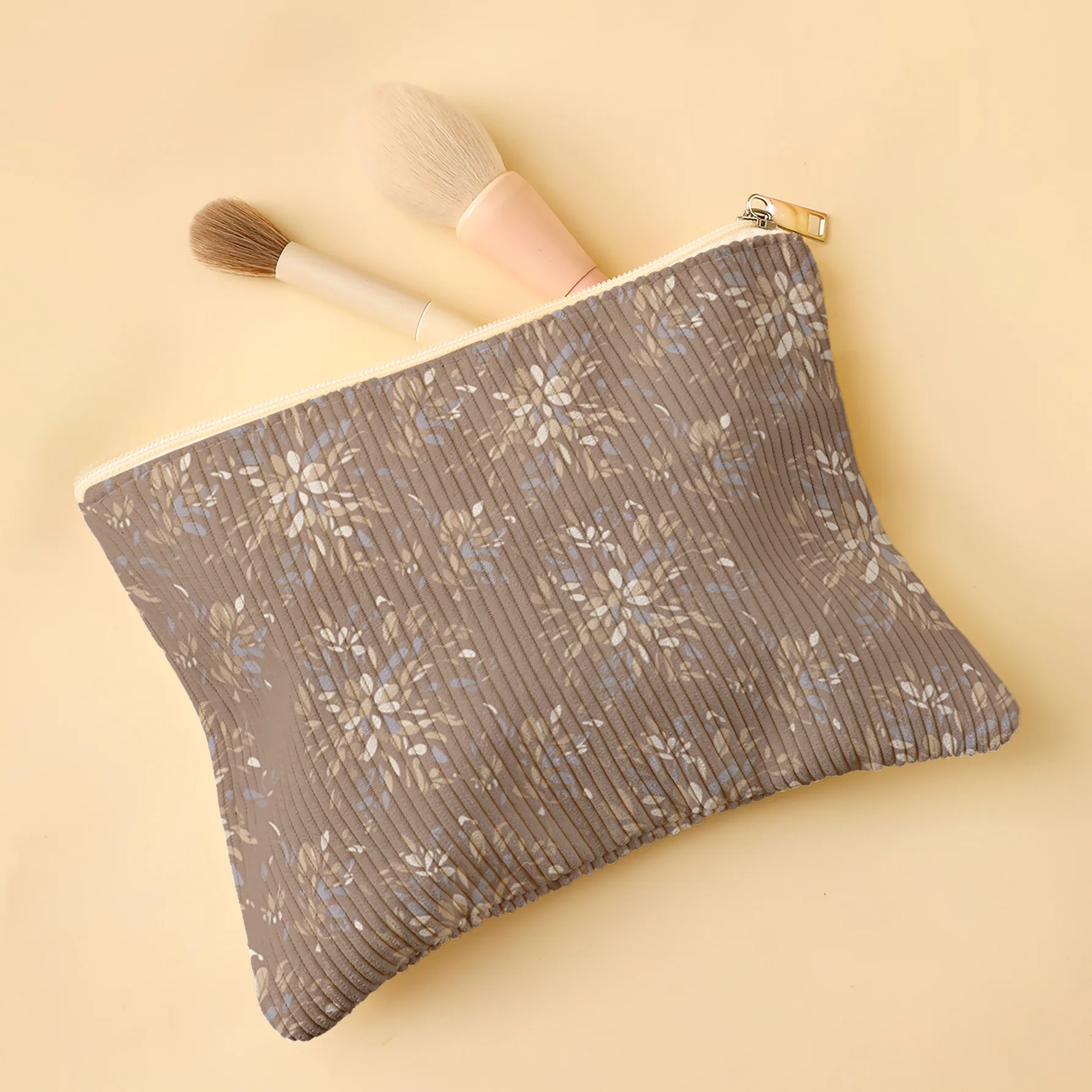 Corduroy Makeup Bag Light-Colored Floral 2D Print + Smooth Zipper | Fits Foundation/Eye Shadow Palette/Lipstick