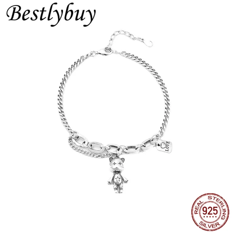 

NEW S925 Pure Silver Cute LOVE Teddy Bear Bracelet Women's Personalized And Creative Light Luxury Jewelry Gift