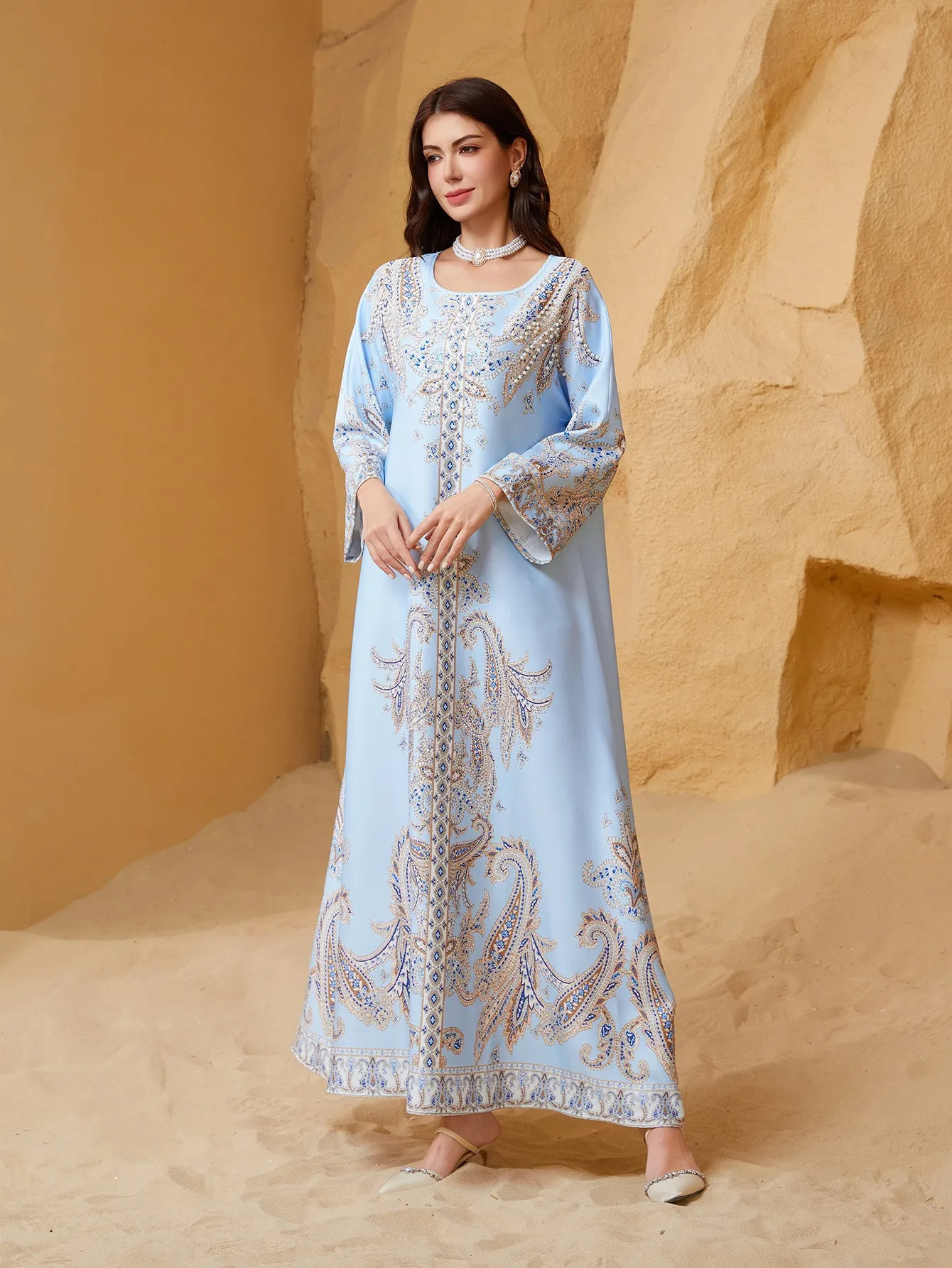Ramadan Saudi Arabia Dubai Muslim Women's Robe Beaded Print Islamic Türkiye Dress Round Neck Style Diamond Robe