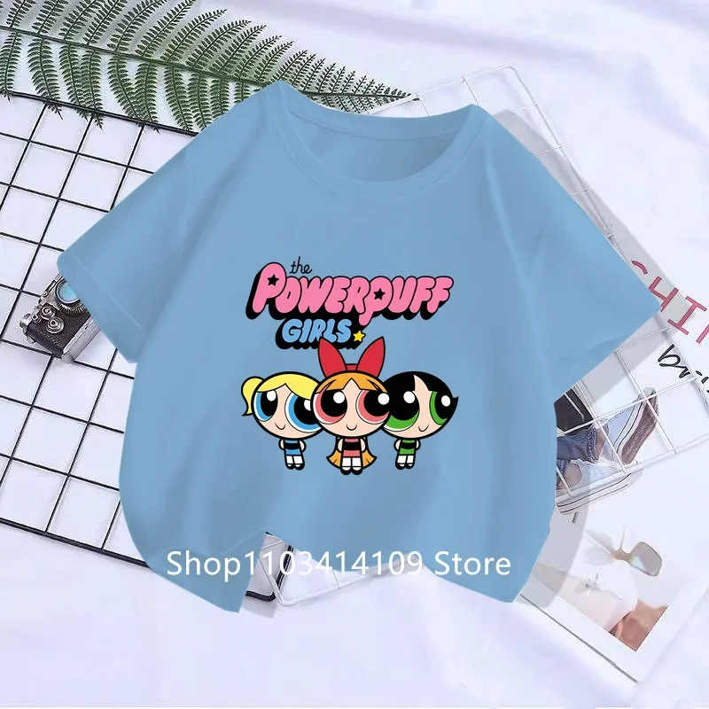 Children Clothes Half Sleeve T-shirt The Powerpuff Girls Series Anime Cartoon Cute Kids Girls Summer Clothing Tops Short Sleeve