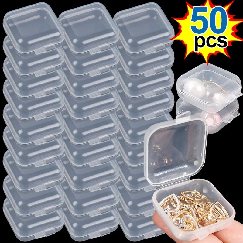 1/50 Mini Plastic Storage Box Square Transparent Flip Portable Pill Container Jewelry Holder Earrings Packaging Display Case