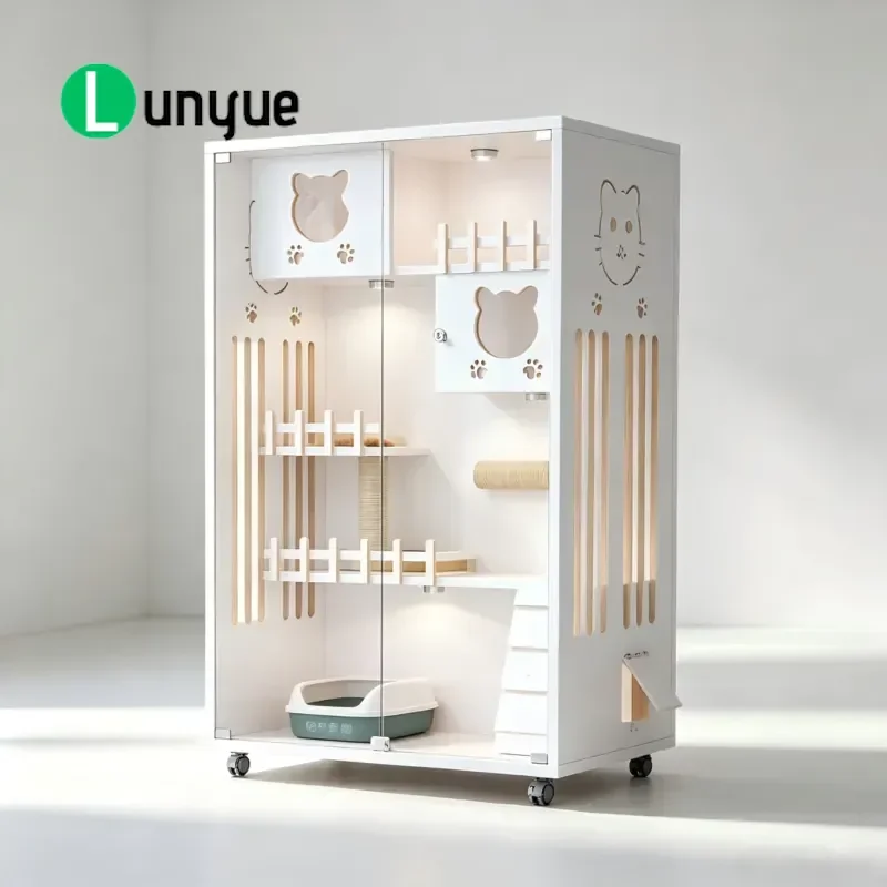 Large Wooden Breathable Waterproof Cat House with Toilet Drawer and AC Box Light Luxury Indoor Pet Bed for Four Seasons Use