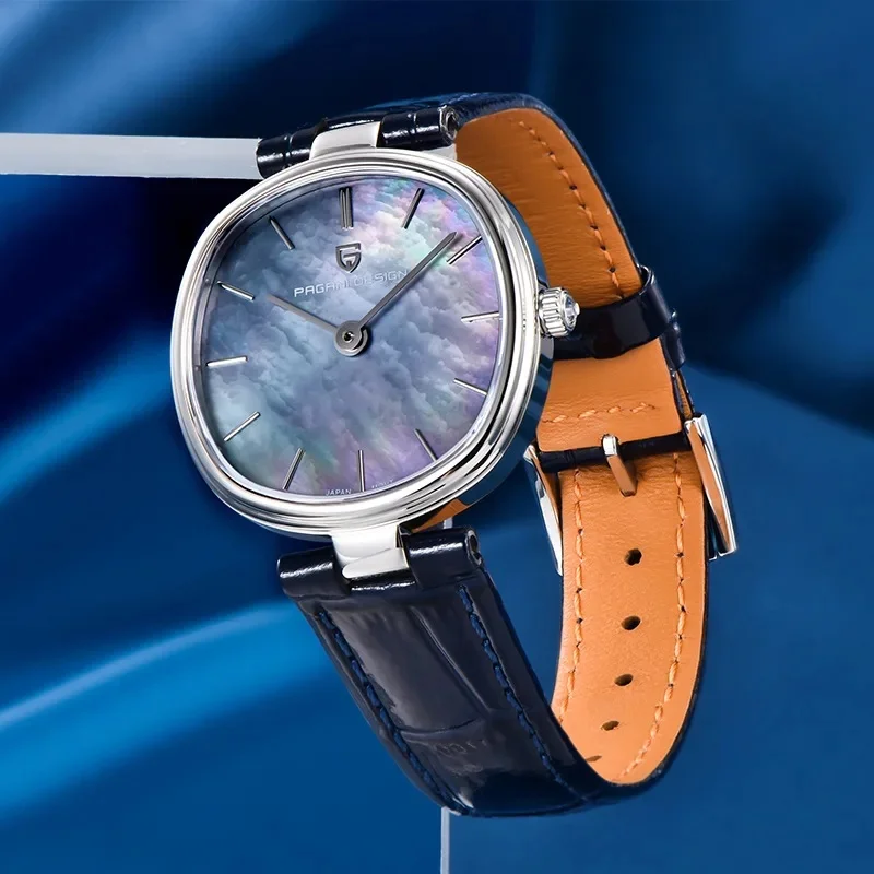 PAGANI DESIGN PD-1825 Women Quartz Watch Miyota GL22 Purple Mother of Pearl Dial Sapphire Glass Navy Blue Leather Strap Ladies view 3