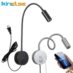Dimmable LED Gooseneck Wall Lamp 3W Flexible Hose Reading Sconce Touch Switch Bedroom Bedside Wall Lights With USB Charging Port