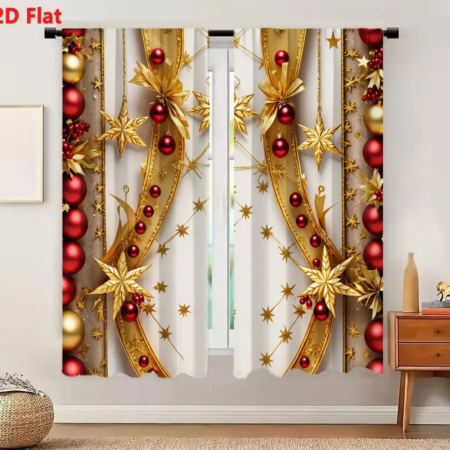 2Pcs Curtains Add 2D Flat Festive Christmas Golden Ribbon Red Baubles Ornate Gold Stars Spherical Ornaments Berries Delicate Cha