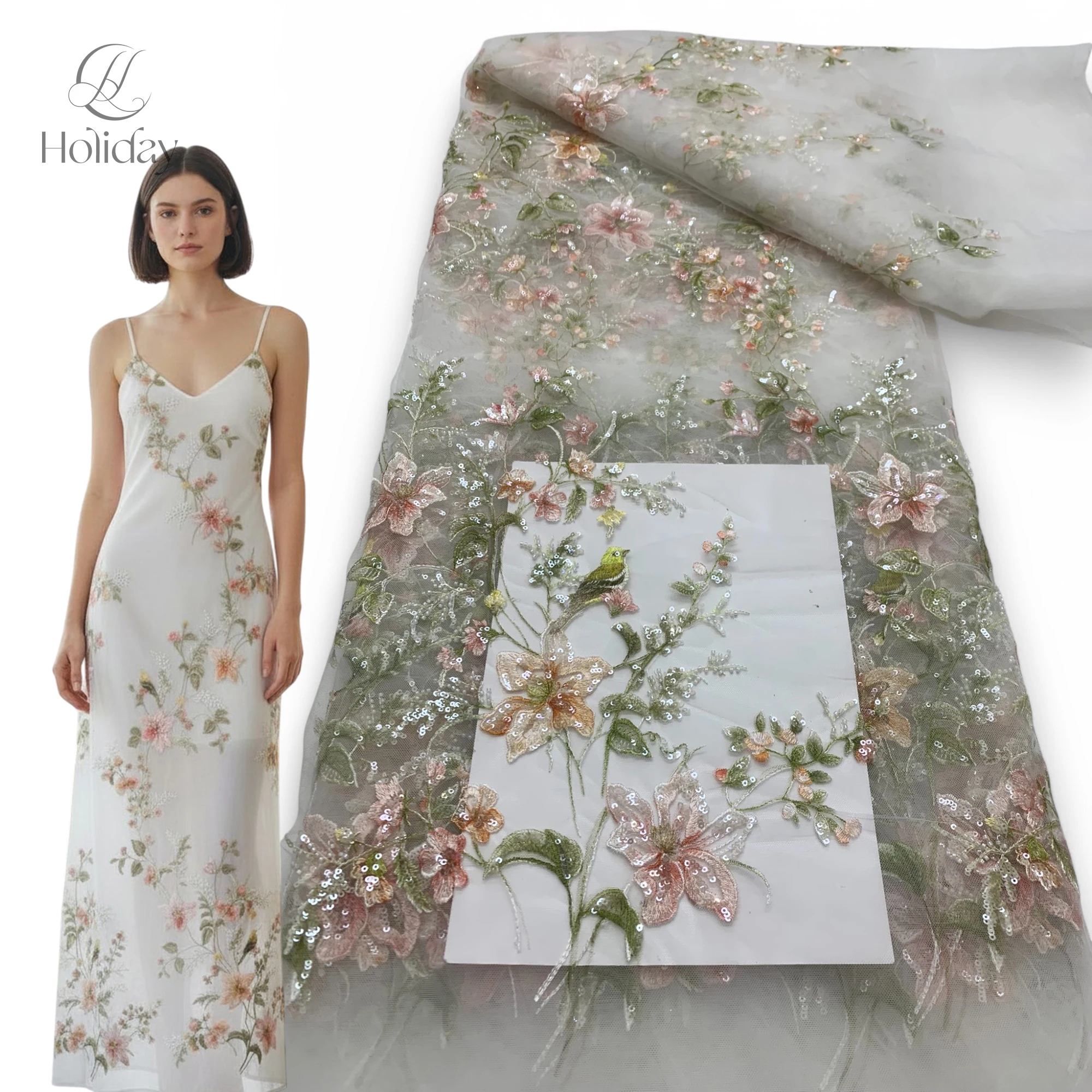 

5Y/Hot selling French sequin fabric high-quality new design 2025 embroidery mesh lace 3D flower bead wedding dress