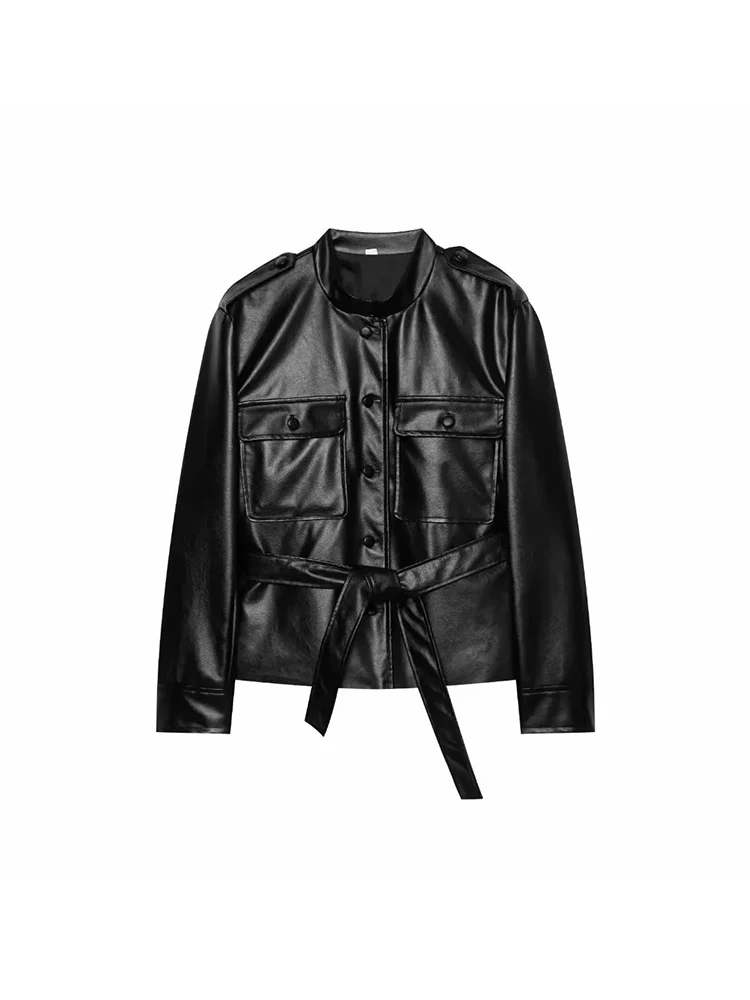 Women Stand Collar Button Front PU Leather Jacket Women Belted Flap Pockets Long Sleeve Cropped Biker Moto Coat Lady Outerwear
