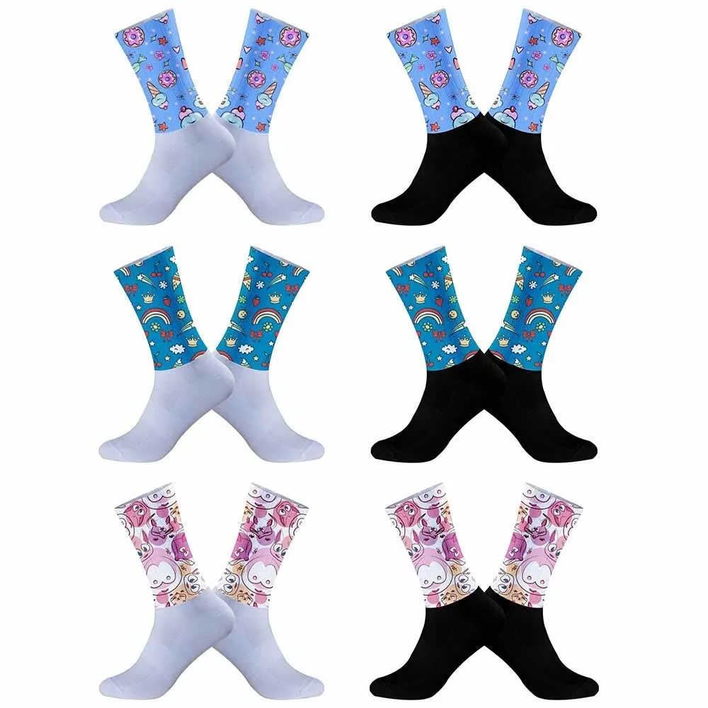 Team Cycling Socks Anti Slip Seamless Silicone Running Sport Road Bike Socks 2024 New Rainbow ice cream pattern Cycling Socks