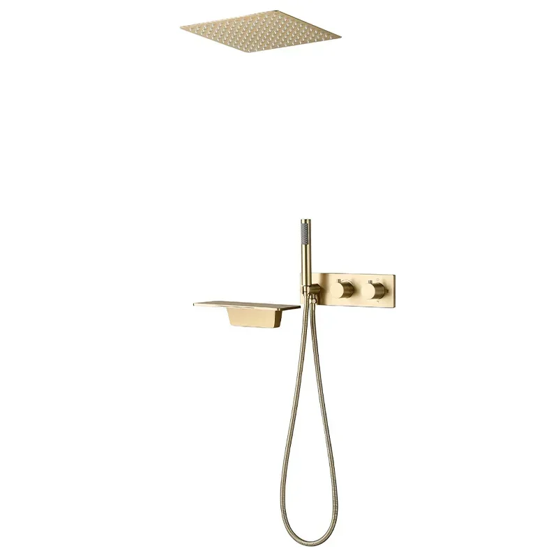 Brushed Gold Shower Set Bathroom Thermostatic  Concealed Ceiling Waterfall Faucet Hidden Into The Wall