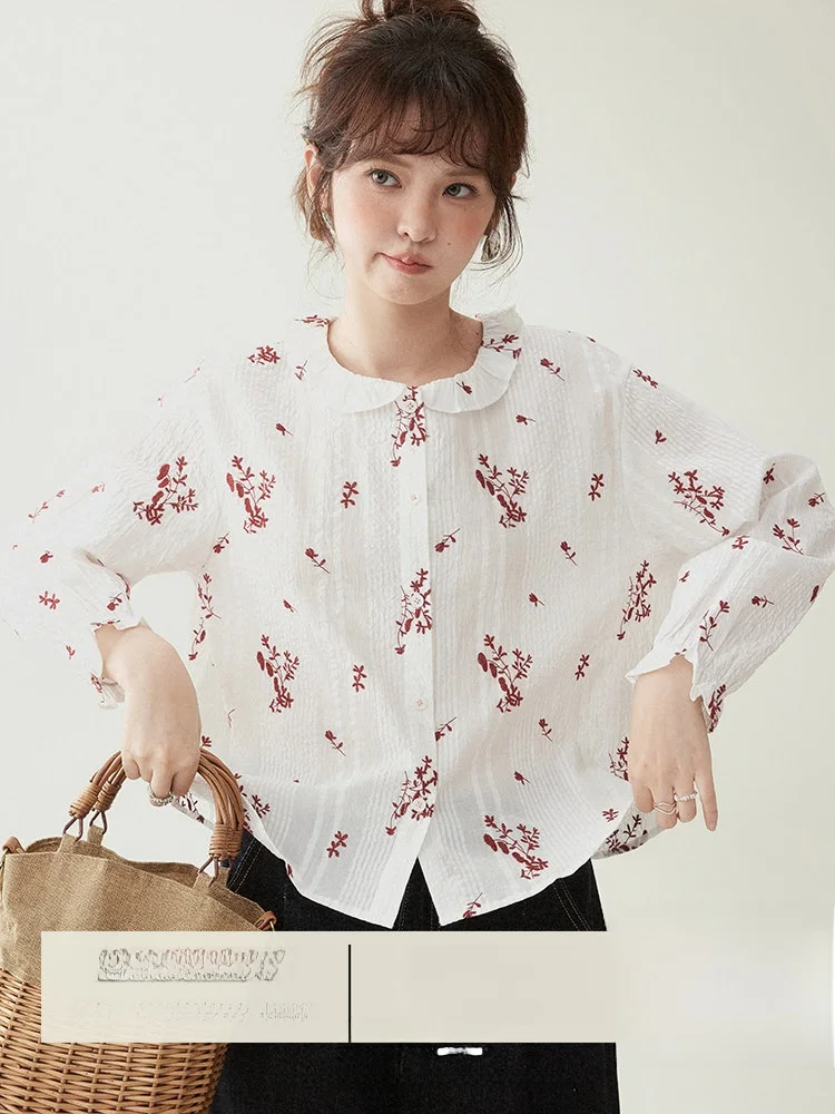 

AMUU Original Color Block Embroidered Pure Cotton Long Sleeve Shirt Women Early Spring New Style Artistic Top Breathable Comf...