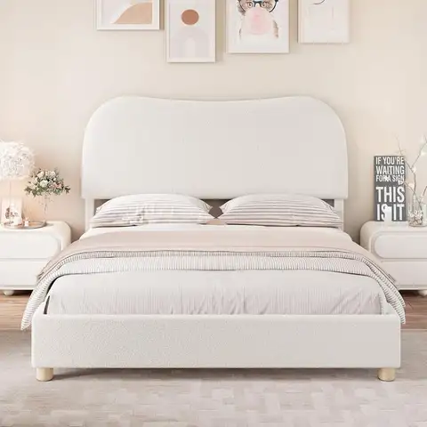 Estrutura de cama estofada em tamanho real com plataforma Soft Cloud, cabeceira ajustável, estilo moderno, cantos arredondados, madeira de borracha