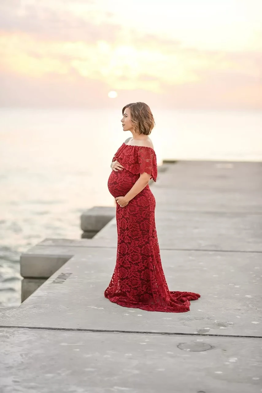 2024Fashion Maternity Red Dress for Photo Shoot Maxi Maternity Gown Sleeveless Lace Fancy Sexy Women Maternity Photography Props