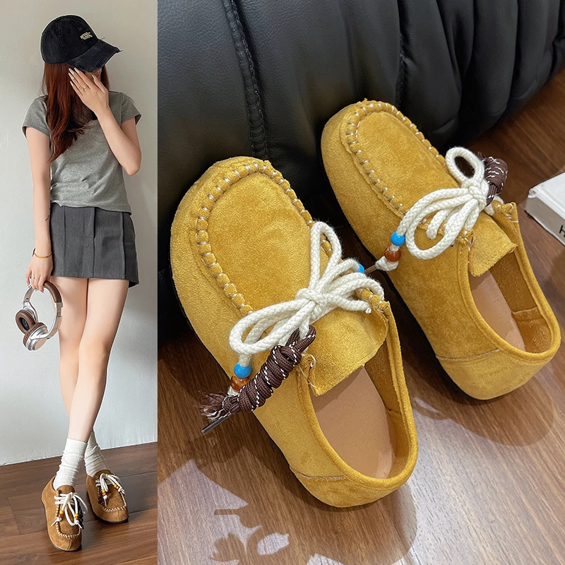 

Новинка 2023 года, женские туфли на плоской подошве, туфли с круглым носком на шнуровке и бусинами, женские туфли для отдыха в стиле ретро, весенне-осенние одинарные туфли