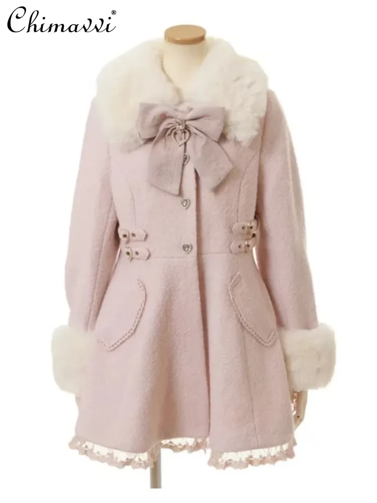 Winter New Japanese Style Sweet Bow Slim Long Woolen Coat Faux Fur Collar Lolita Girl Women's Pink White Wool Jacket Overcoat